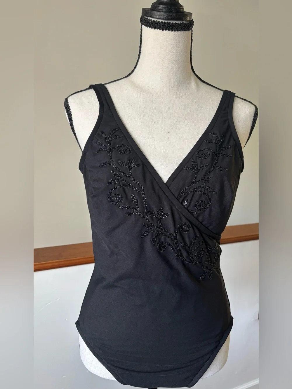Miraclesuit Black Beaded V-neck Swimsuit